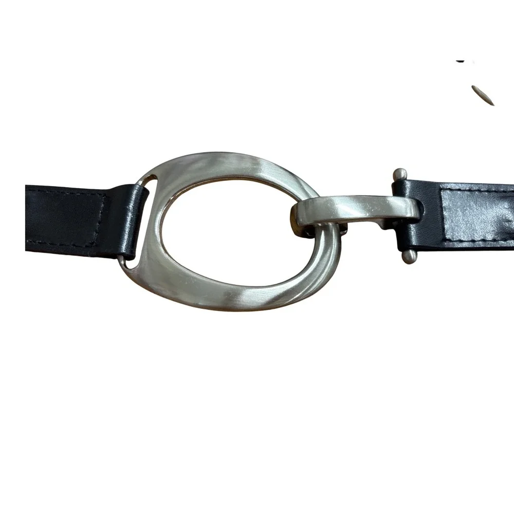 Womens Black Elastic Chain Link Belt Silver Oval Buckle Stretchy Waist Cinch